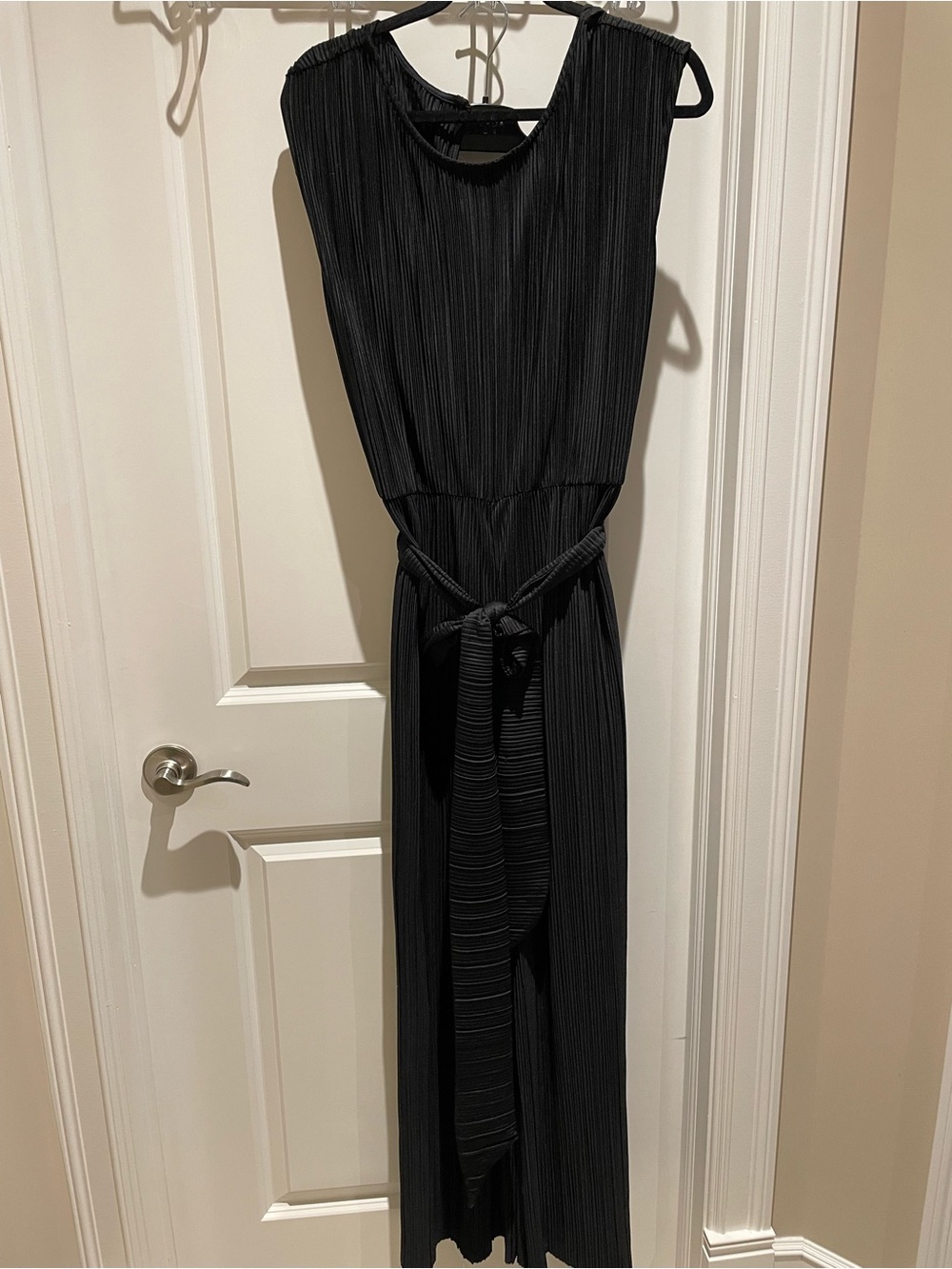Black Tape_ Black Pleated Maxi Jumpsuit with Tie Belt